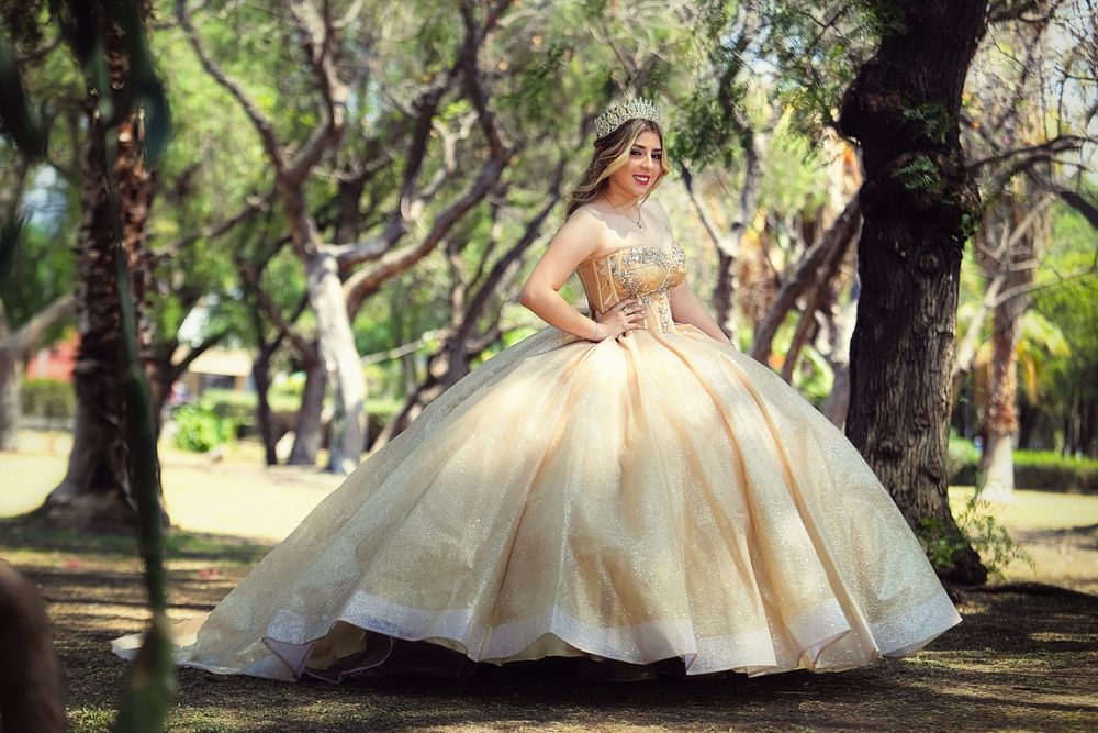 Ball gown photoshoot in a park featuring a glittering champagne dress with voluminous layers.
