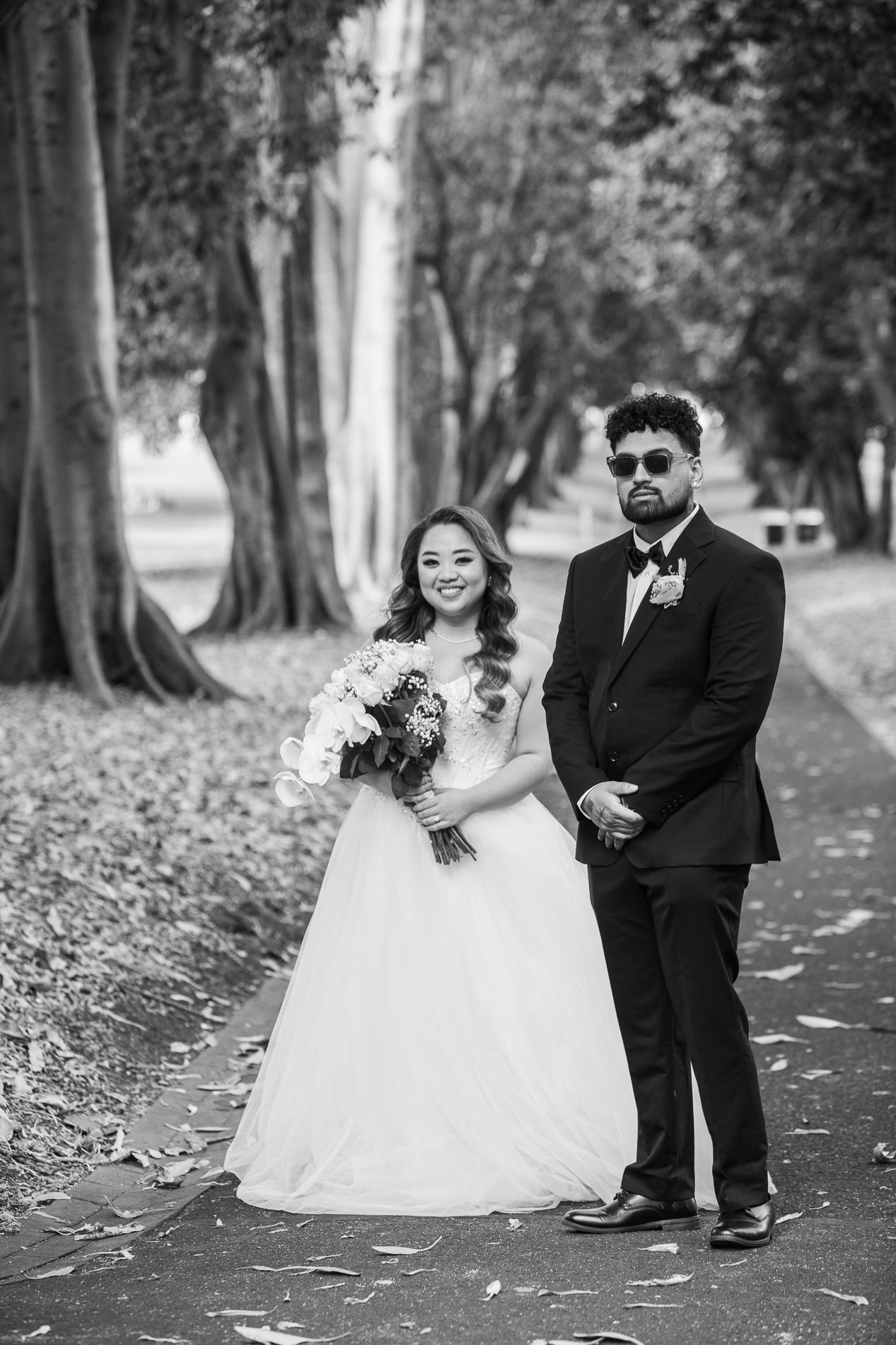 Black and white bridal portrait, couple at Treasury Gardens, Melbourne