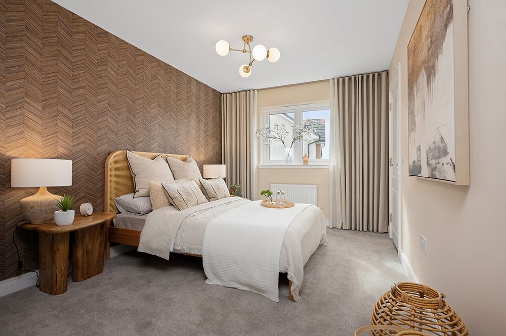 Modern bedroom interior with neutral color scheme featuring beige curtains, white bedding, and contemporary lighting fixtures.