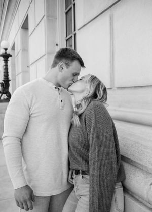 Black and white couple photo session at the Jefferson City Capitol, capturing timeless and romantic moments against a historic backdrop.