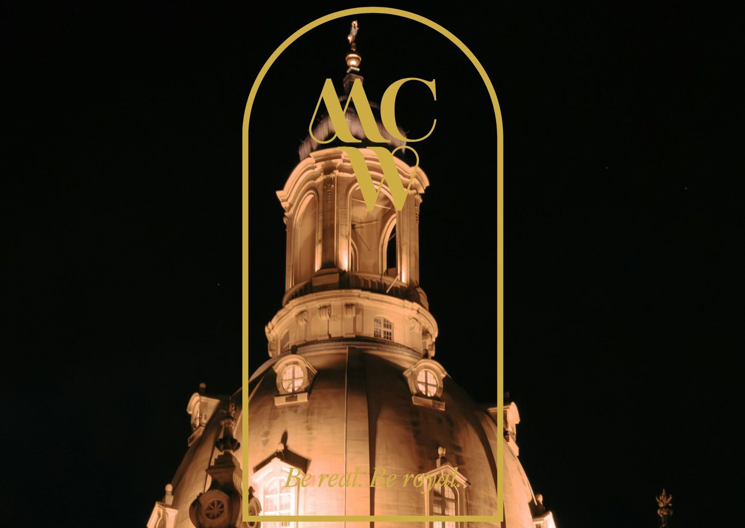Golden-lit domed architecture against dark night sky with MC monogram branding.