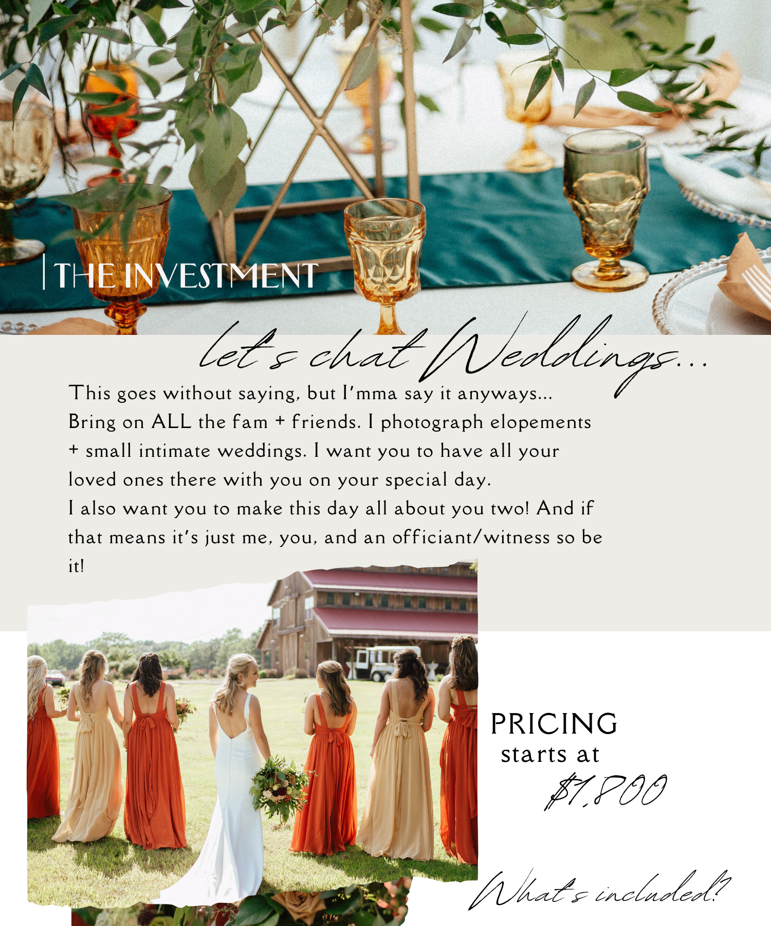 Wedding photography pricing guide with amber glassware and bridesmaids in orange dresses.