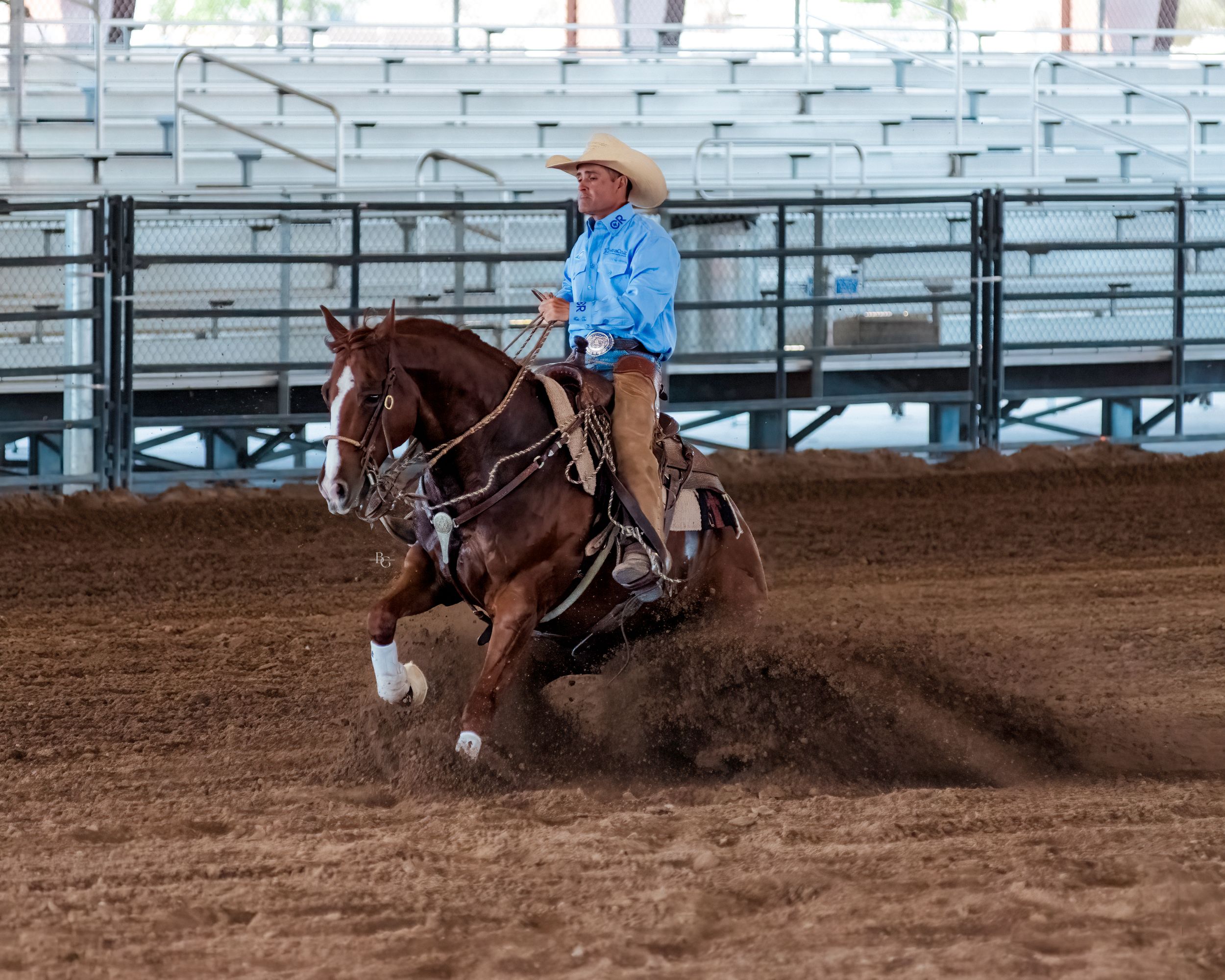 Action sequence shows a skilled rider on horseback performing a fast-paced barrel racing run in an arena.