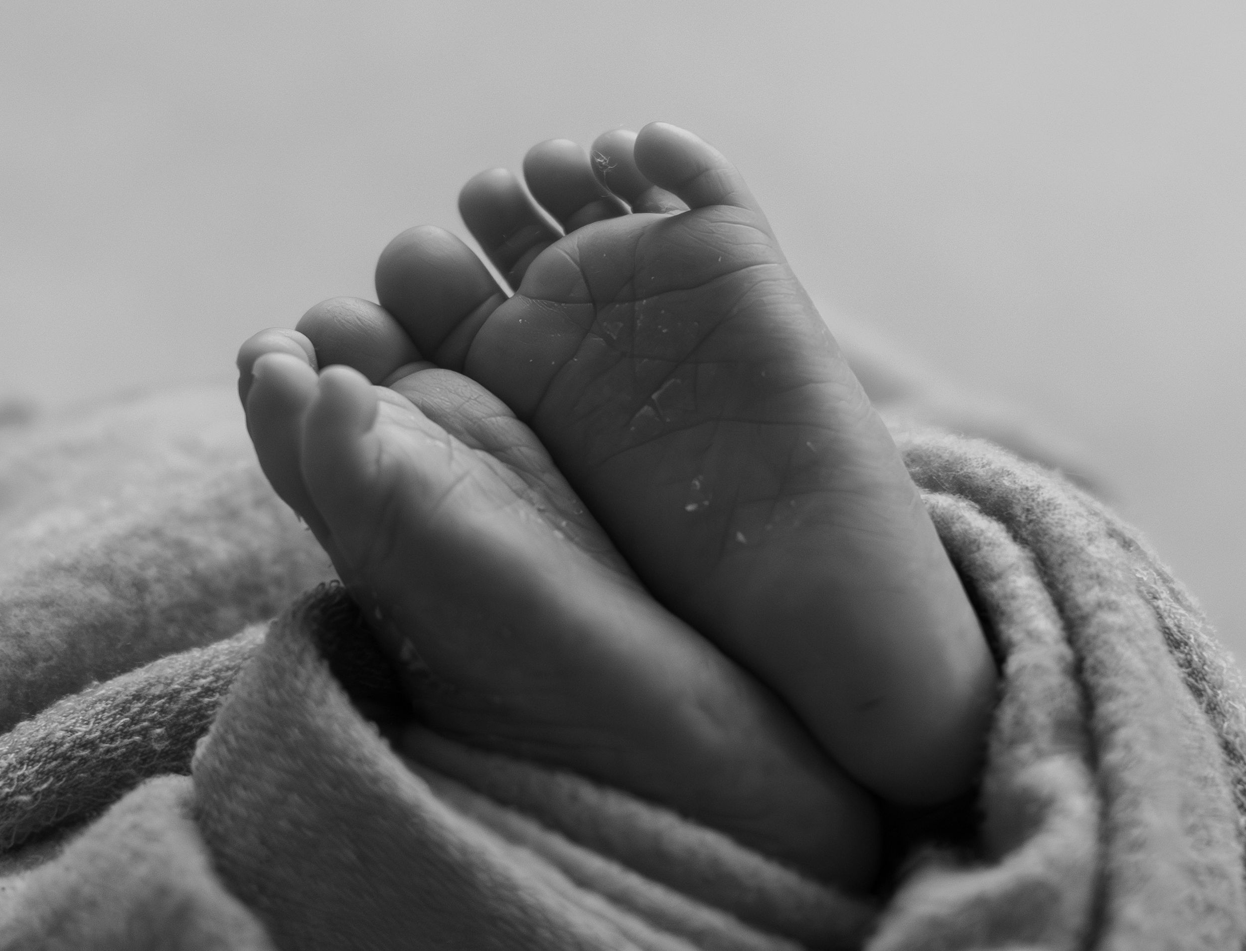 Close-up black and white photo of newborn baby feet wrapped in a soft blanket.