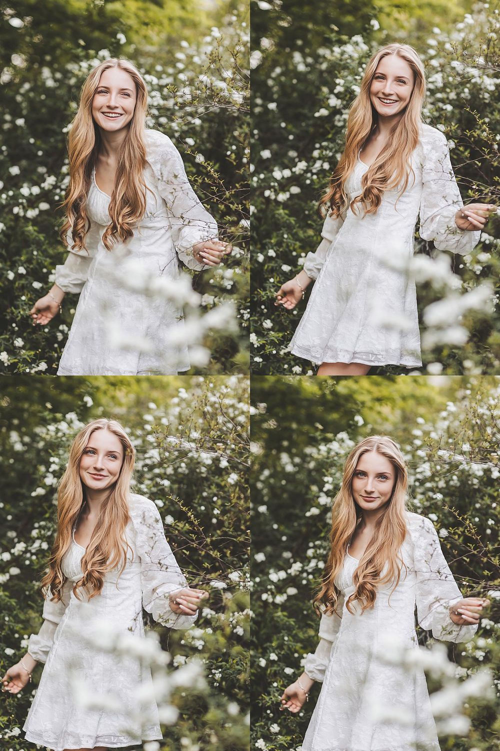 Natural light portraits in a blooming garden with delicate white flowers.