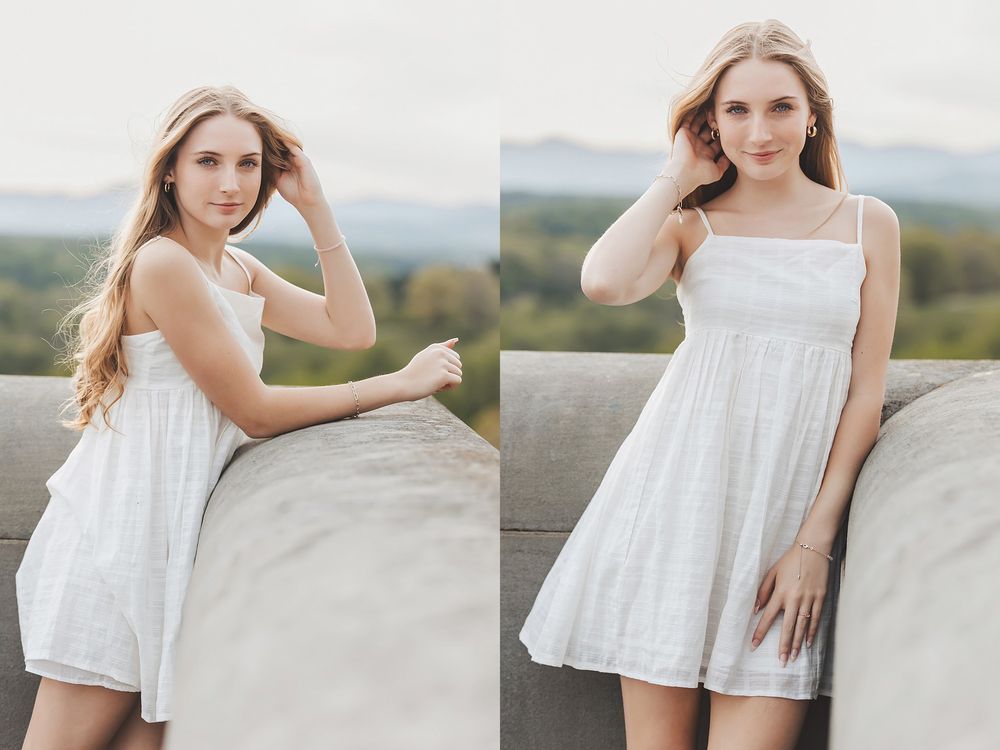 Side by side portraits of woman in white sundress against mountain landscape.