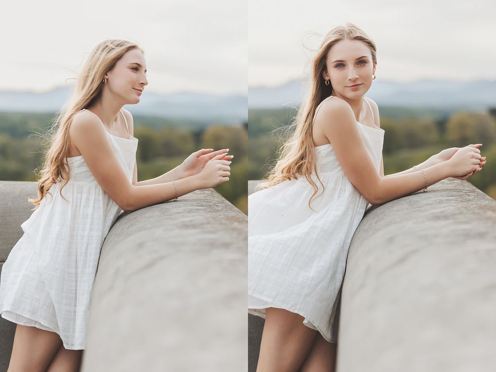 Two candid shots of woman in white dress leaning on concrete wall with mountain view.