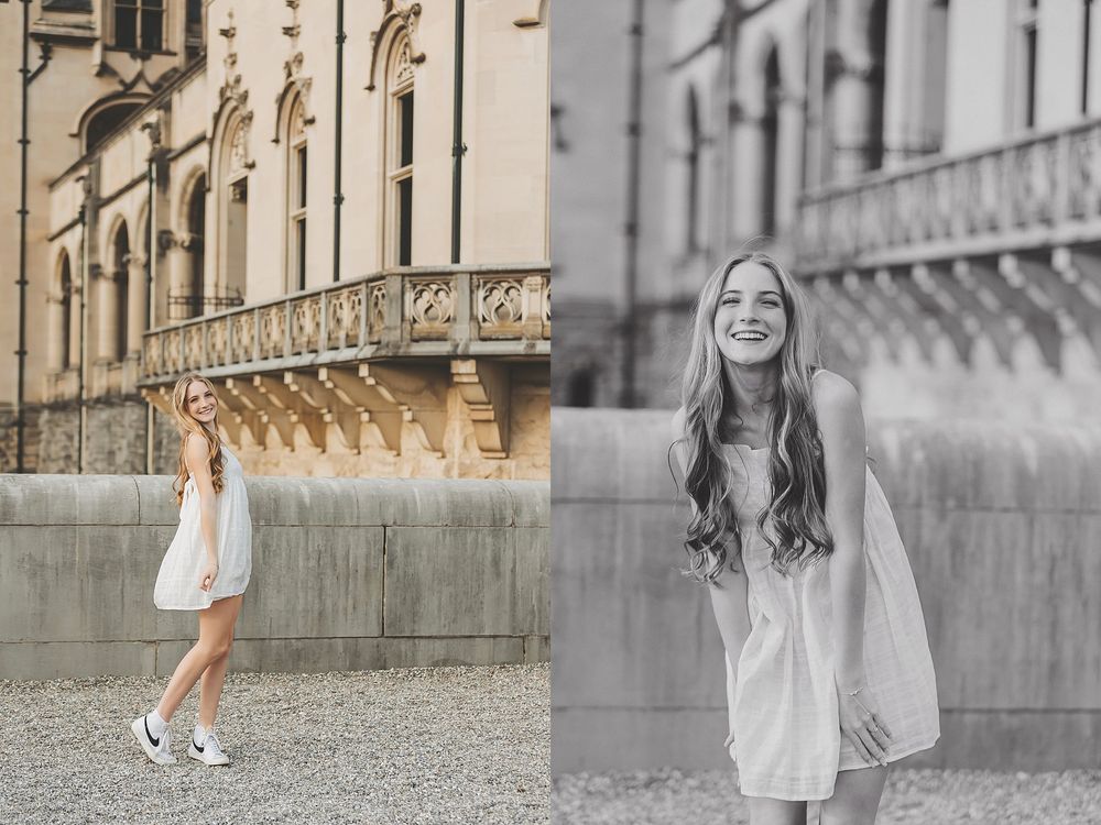 Split image showing architectural details and casual portrait in white dress.