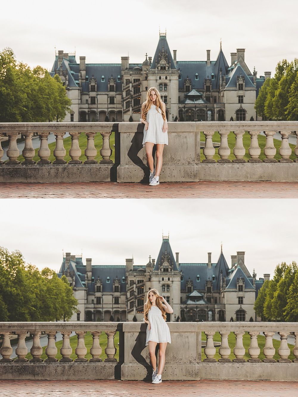 Two-photo series showcasing casual poses against majestic castle backdrop.