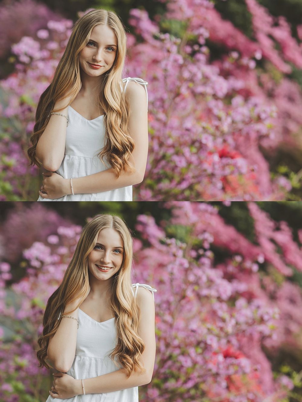 Split portrait composition with pink spring blossoms creating romantic backdrop.