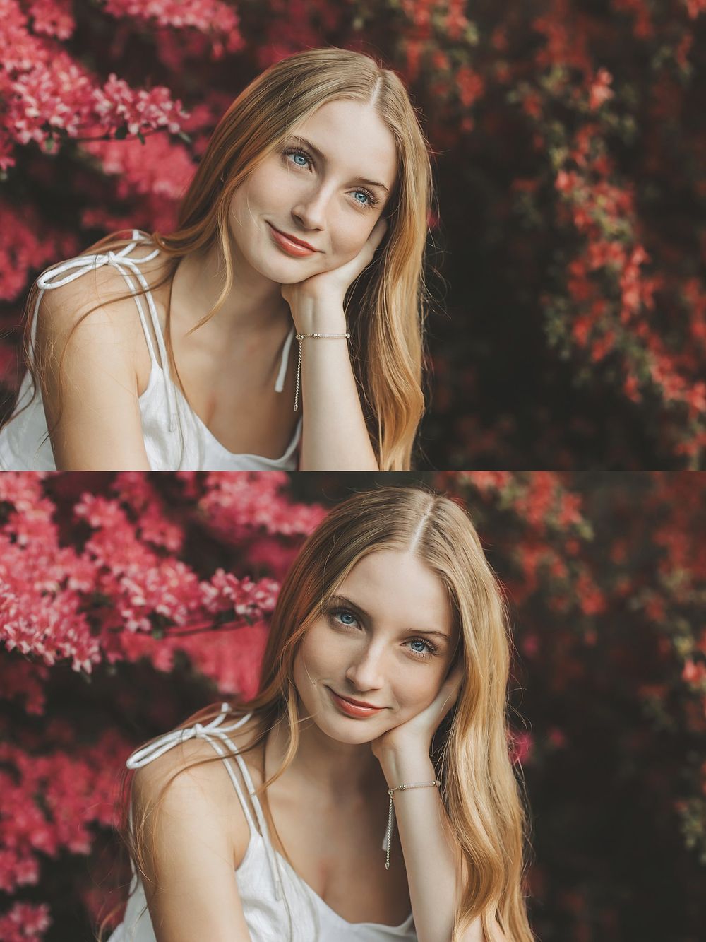 Diptych portrait against vibrant red autumn foliage background.