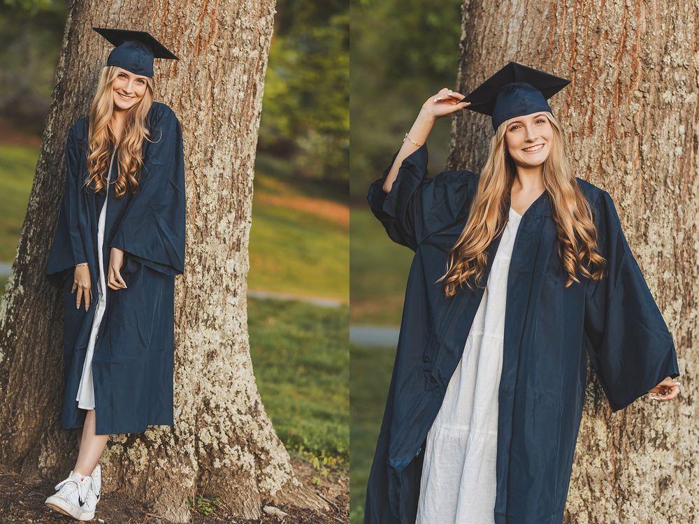 Graduation photos captured in natural outdoor setting with tree trunk backdrop.