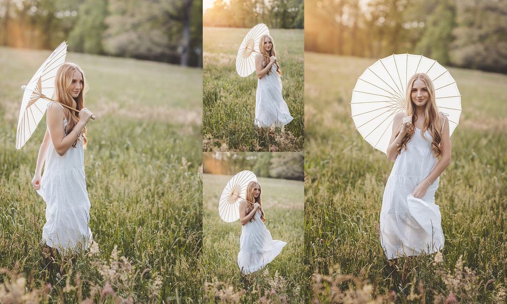Ethereal outdoor portrait session with white parasol at golden hour.