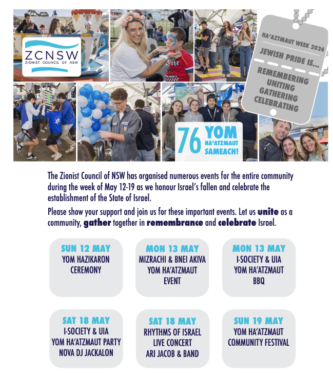Collage of community celebration photos with event details for Israel's 76th birthday festivities.