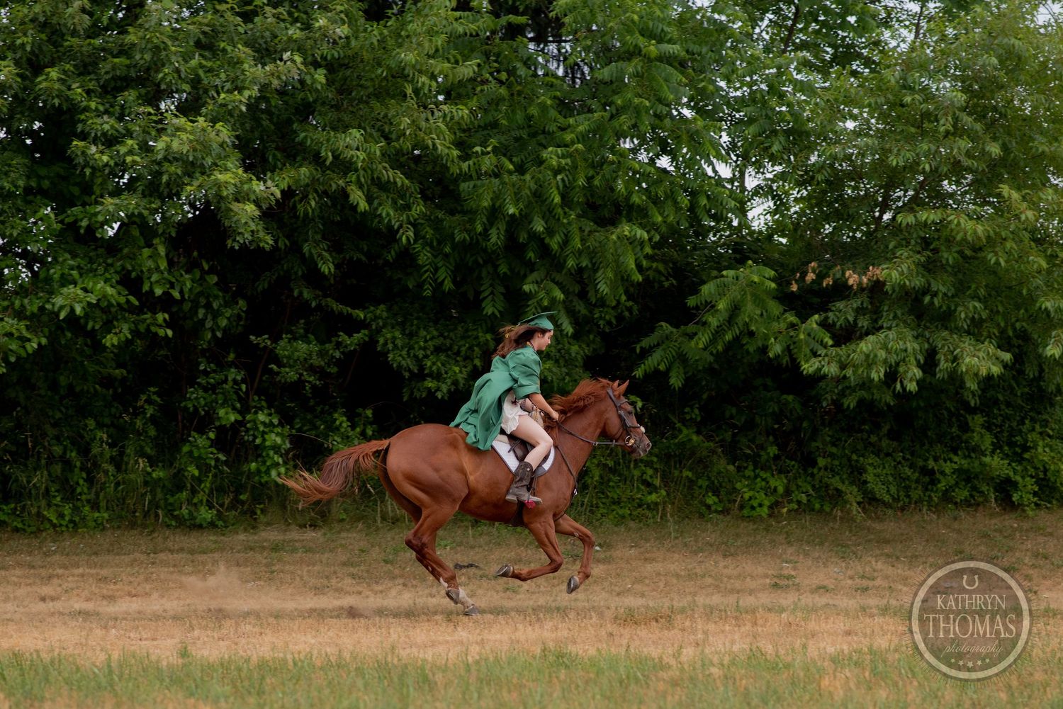 A rider in green guiding a chestnut horse through an outdoor training area.