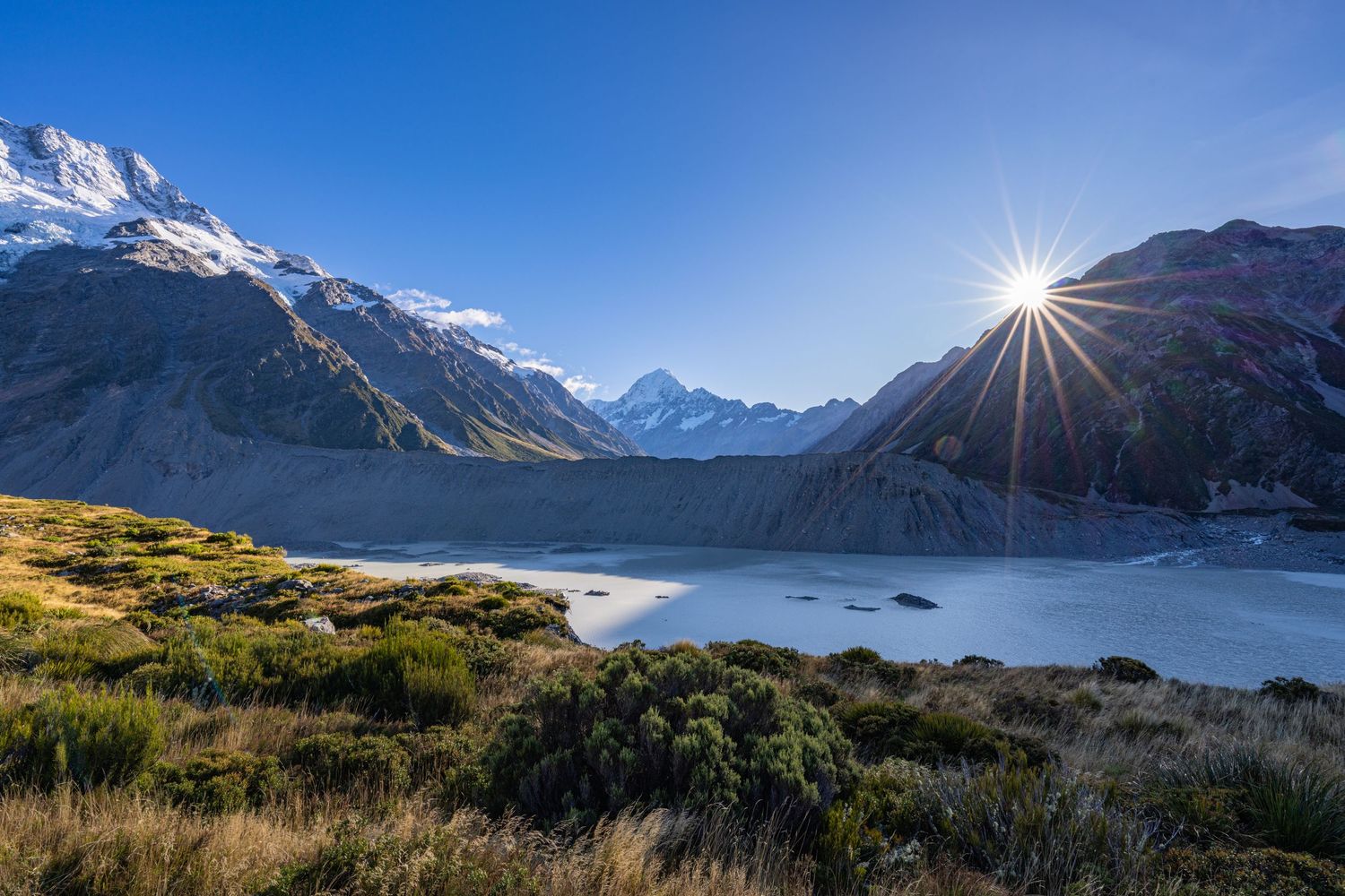 Aoraki, Mt Cook, Hooker Valley, Kea Point, Sunshine, Glacier river