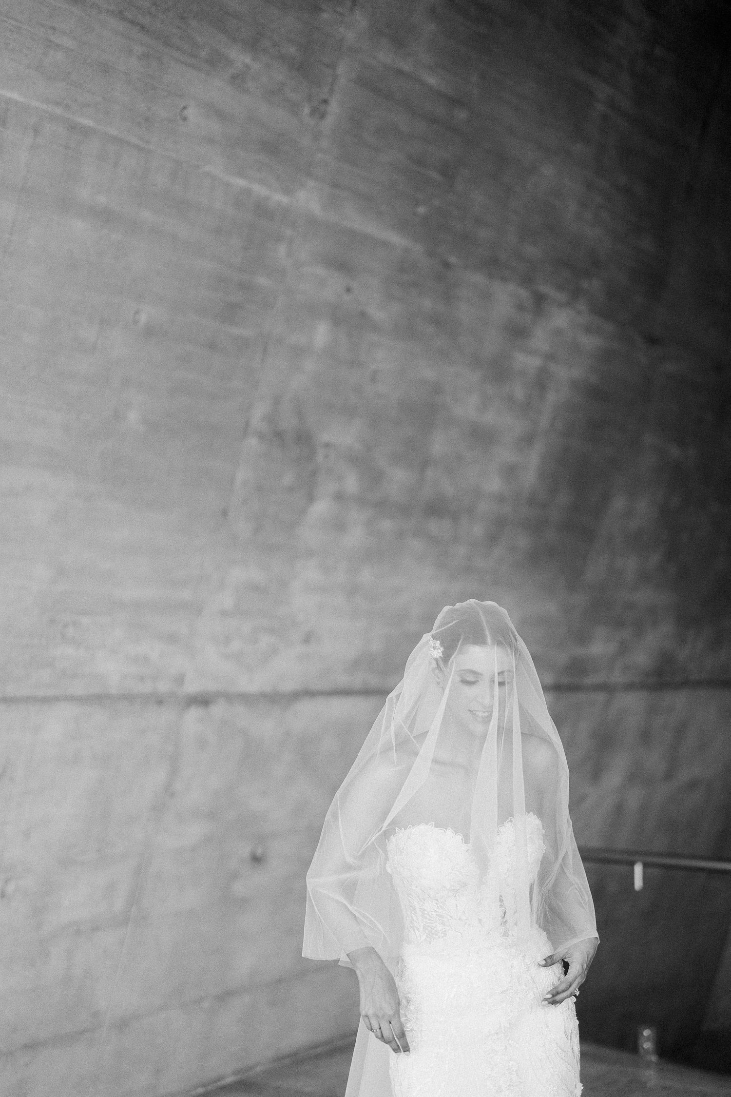 Black and white portrait showcasing bride's detailed lace gown and delicate veil.
