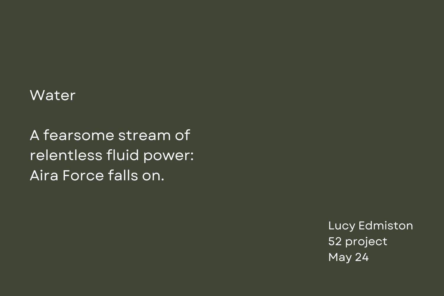 Green text displays a poem about water and Aira Force against a dark background.