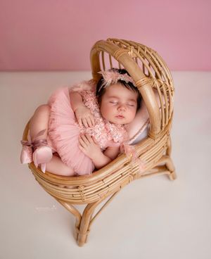 Newborn baby in pink tulle outfit posed in small rattan crib against pink background, Brooklyn NYC newborn photographer.