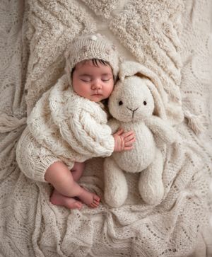 Newborn baby in white knit romper and  bonnet holding stuffed toy, Brooklyn NYC baby photography.