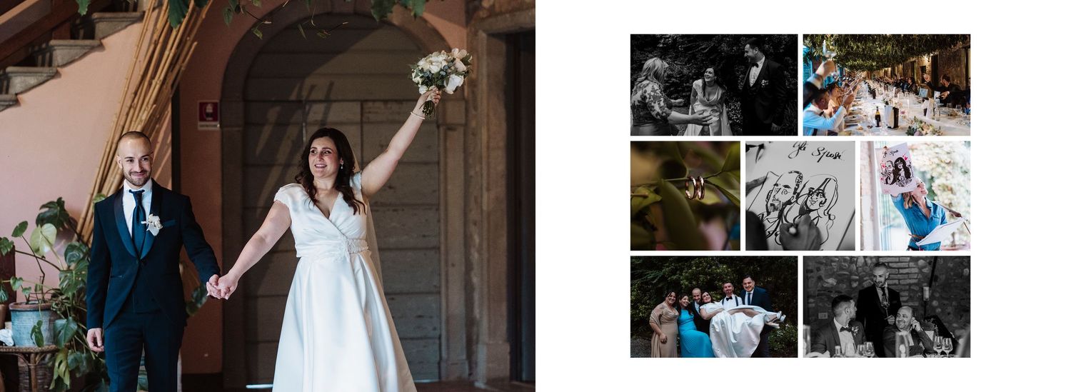 Wedding highlights collage featuring couple exit, reception dinner, and celebratory moments.