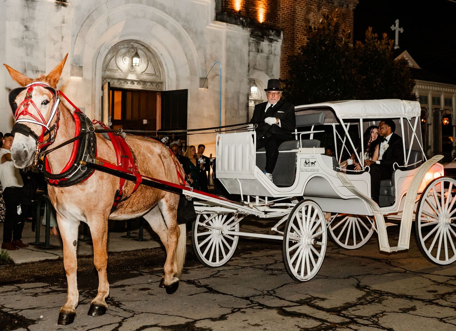 A white horse-drawn carriage waits outside a building with illuminated archways at night.