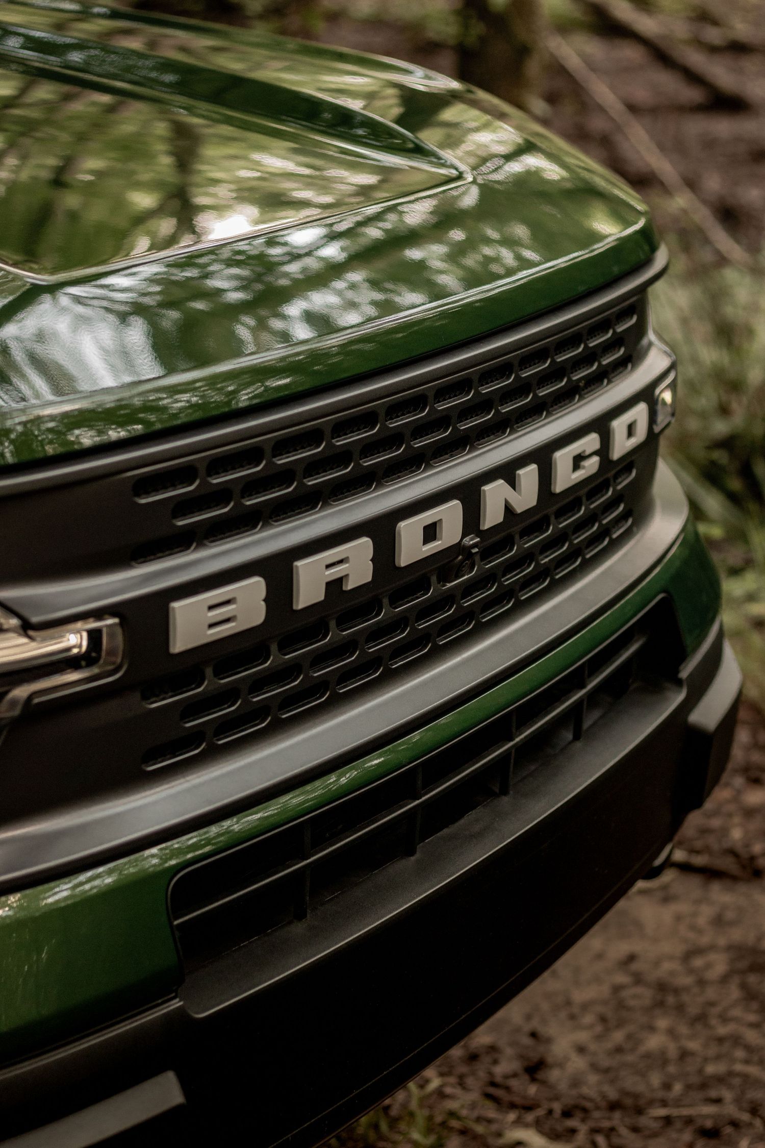 Close-up detail shot of a green Ford Bronco grille and badge with forest reflections.