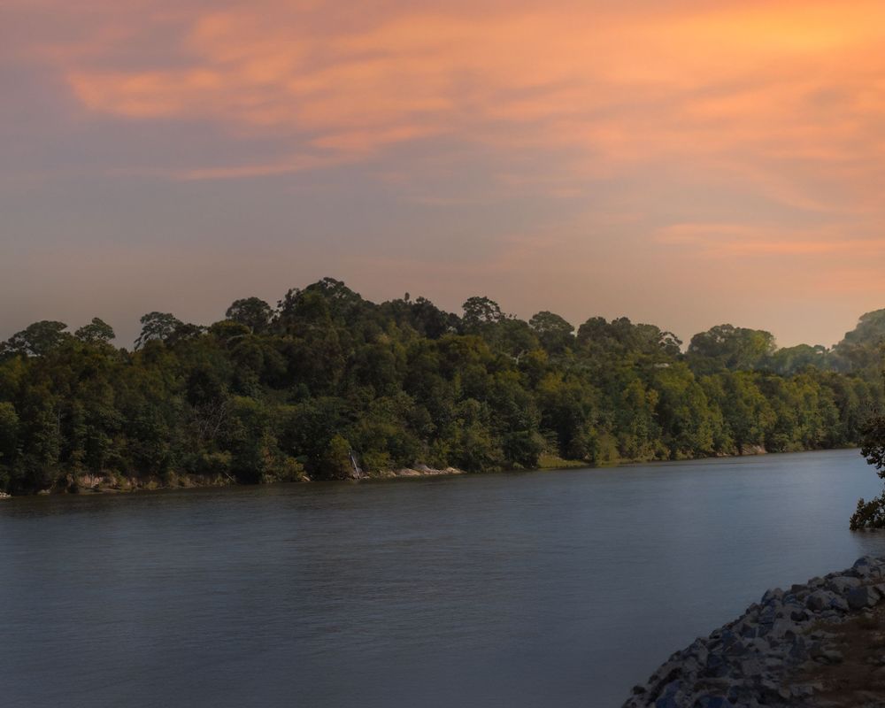 Tranquil lake surrounded by forest during orange sunset with calm waters.