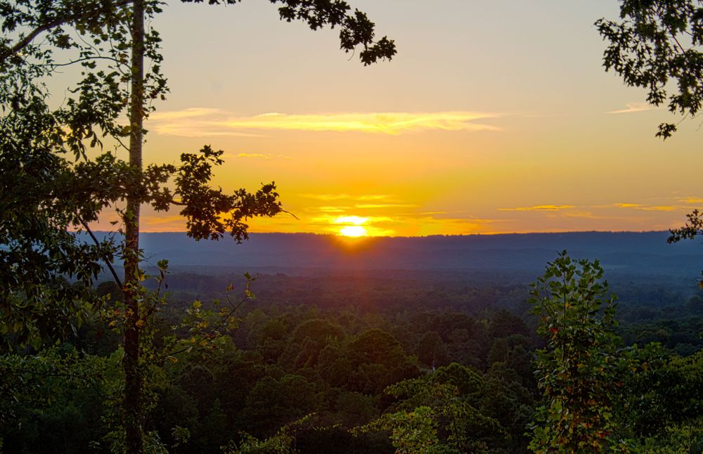 Golden sunset over mountain landscape with silhouetted trees in the foreground.