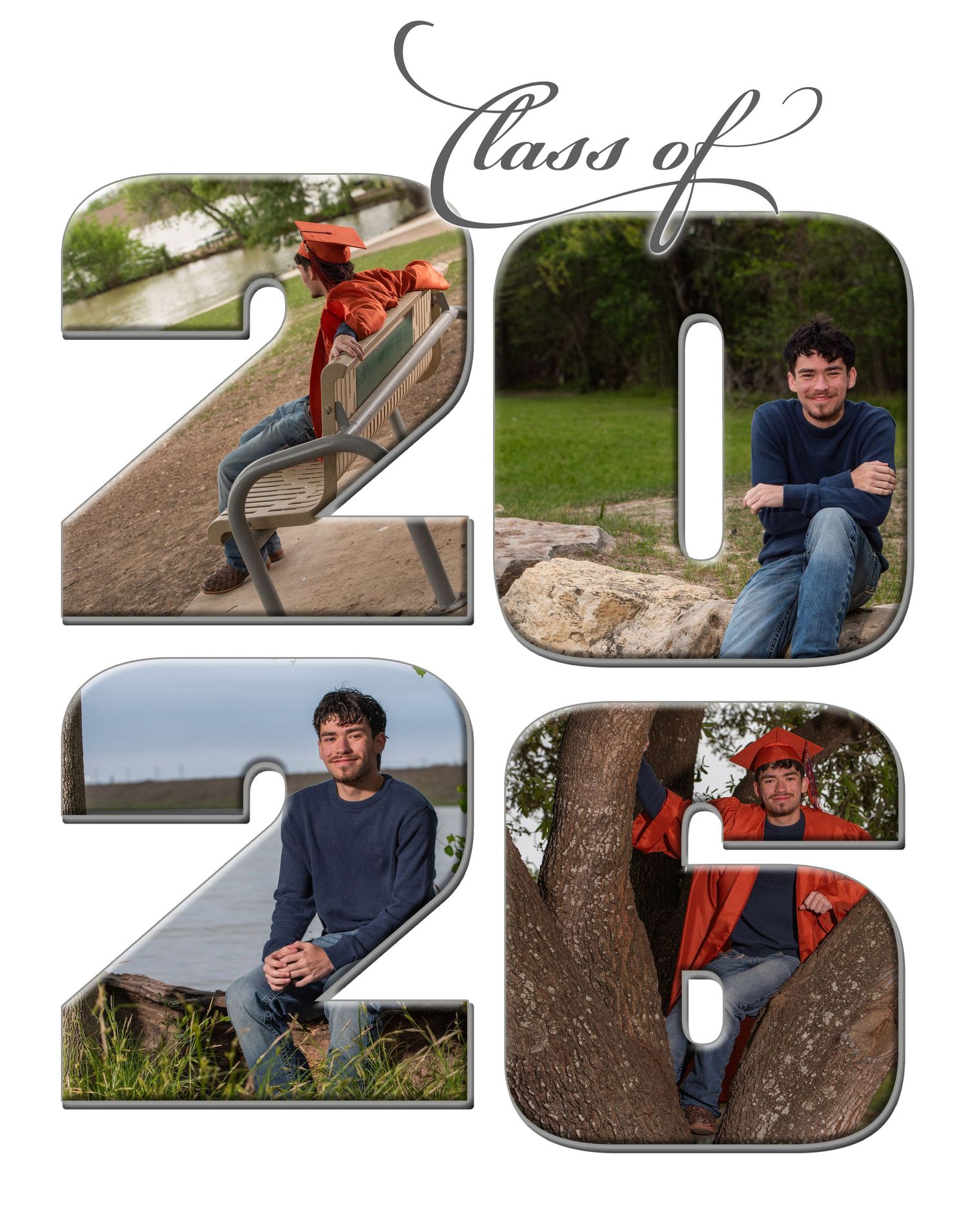 Class of 2026 graduation photo collage featuring a young man in four outdoor poses incorporated into large decorative numbers.