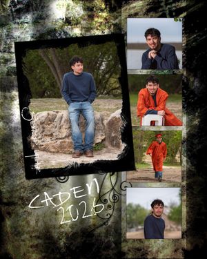 Caden 2026 senior photo collage featuring a young man in casual and orange outfits posed outdoors in natural settings.