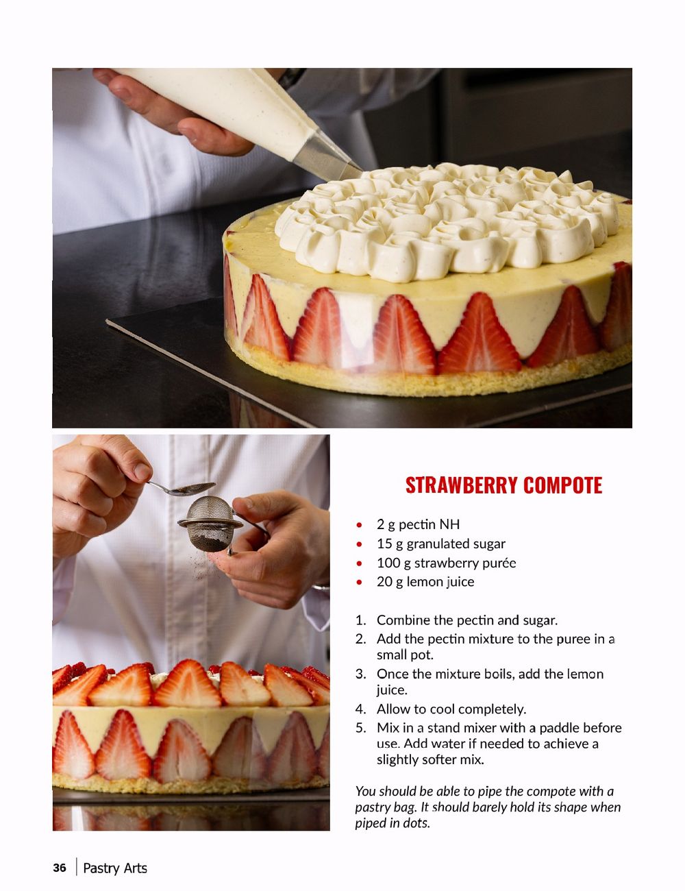 Tear sheet from food magazine featuring photos of a fraisier being made by Los Angeles pastry chef captured by food photographer.