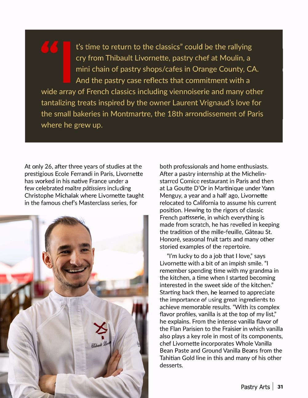Magazine article tear sheet of a Los Angeles pastry chef captured by food photographer.