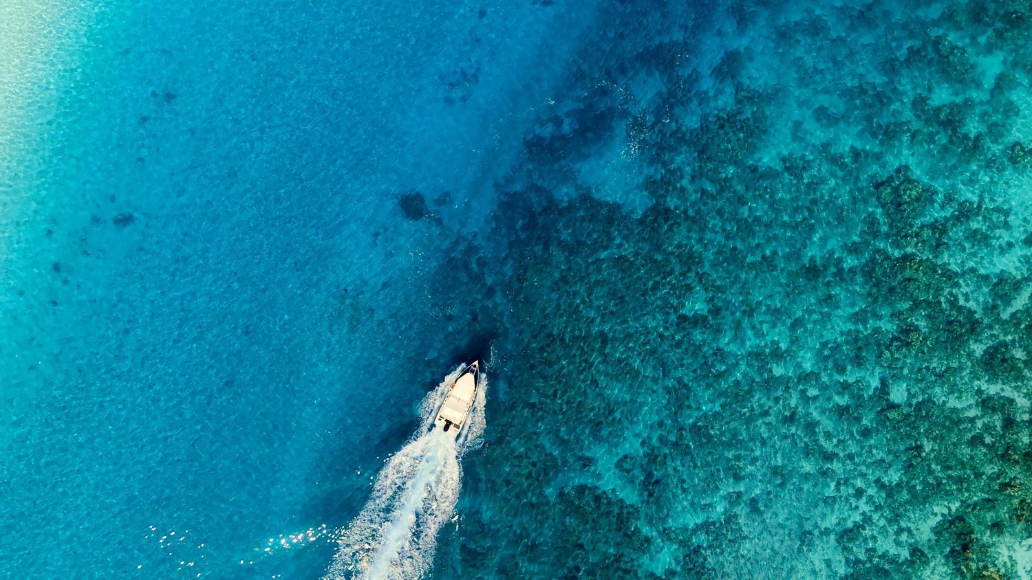 Aerial view of a white boat cruising through crystal clear turquoise waters near a coral reef.