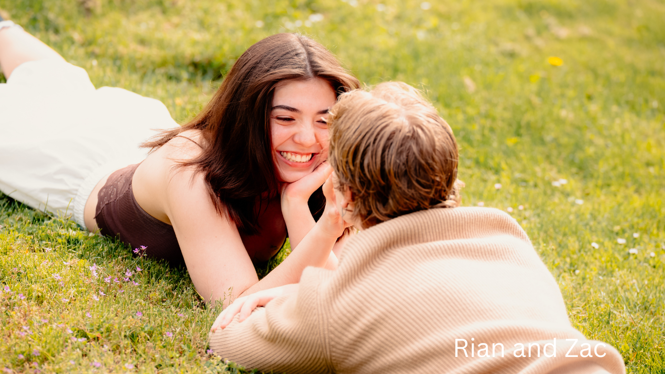 Candid outdoor portraits taken on a sunny grassy field.