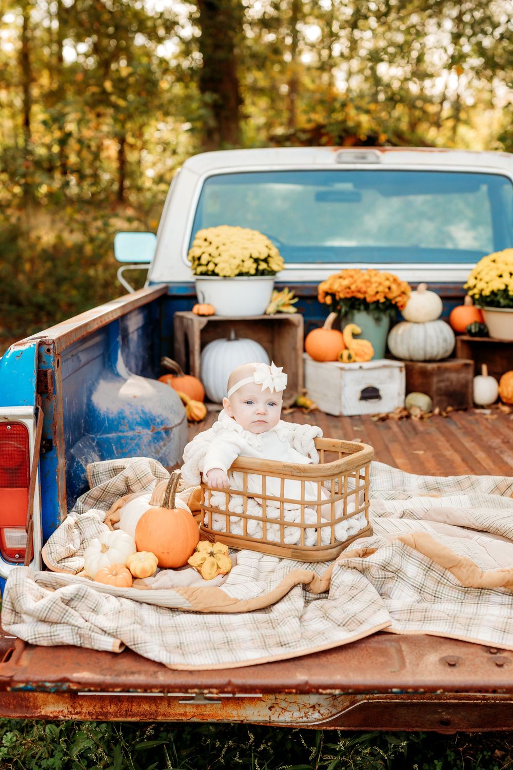 Fall themed truck bed setup with pumpkins, mums and cozy blankets for baby photos.
