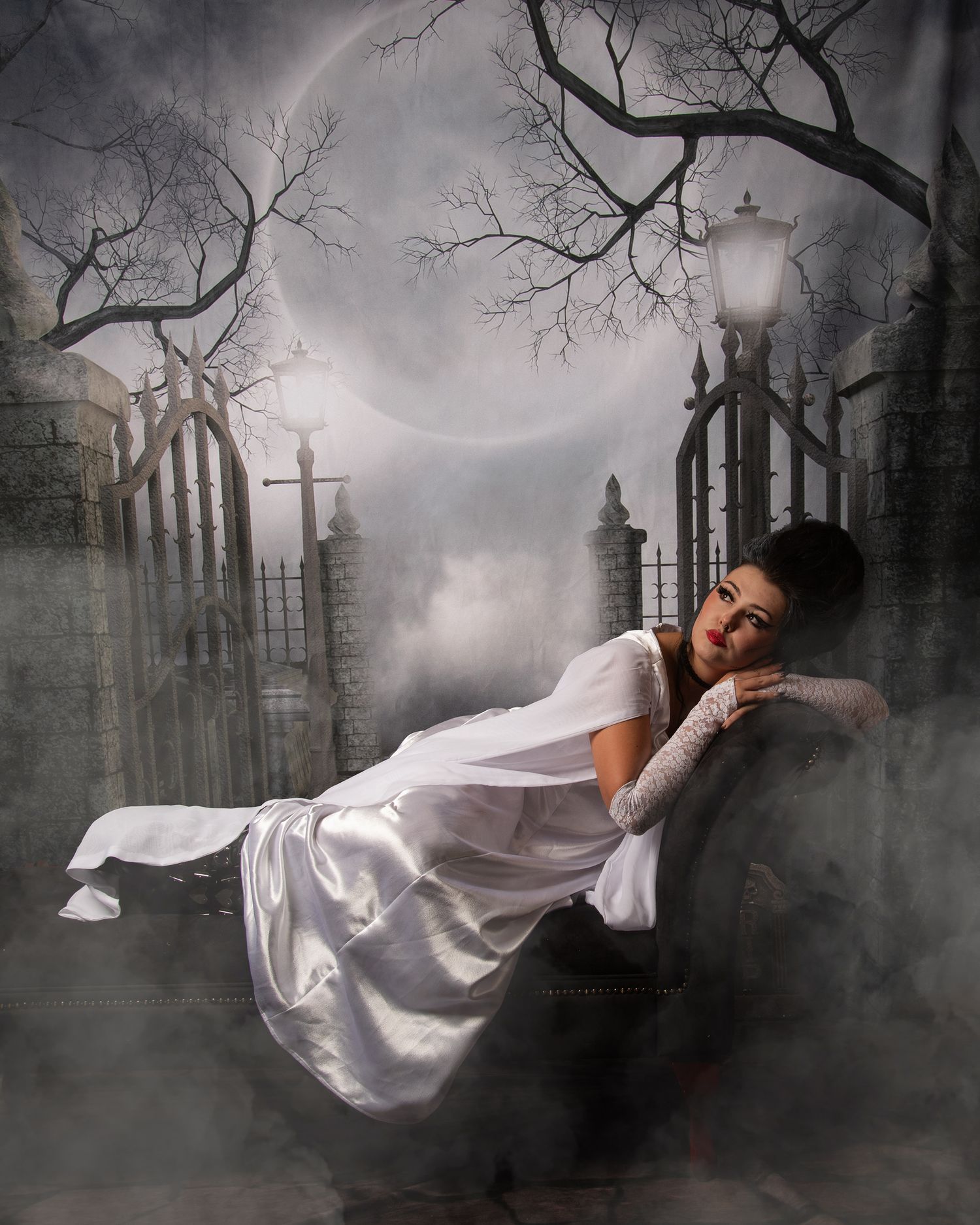 A magical Halloween scene with a unicorn-themed costume against a spooky dark background with glowing orange text.