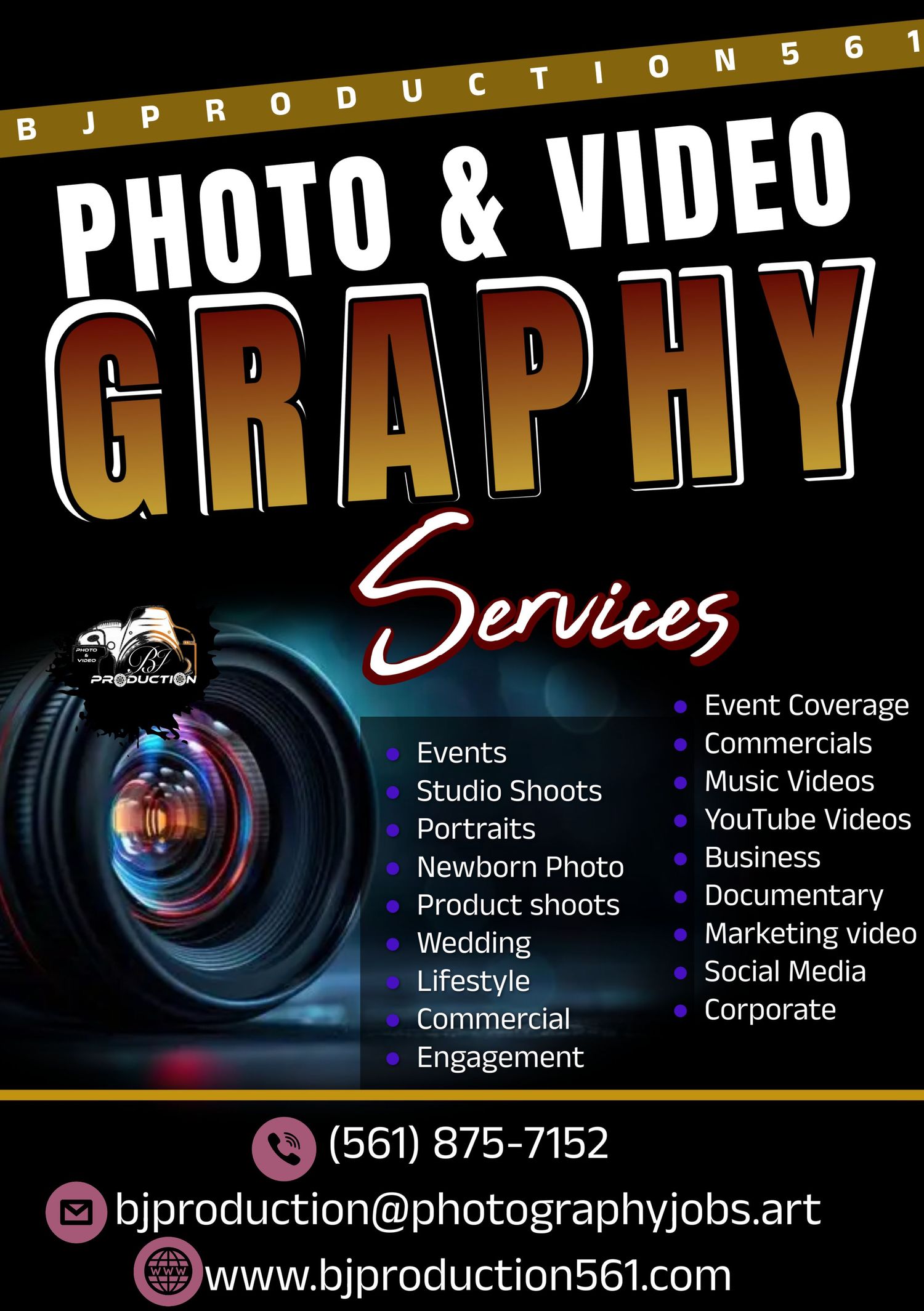 Photography and videography services promotional flyer featuring camera lens and service list.