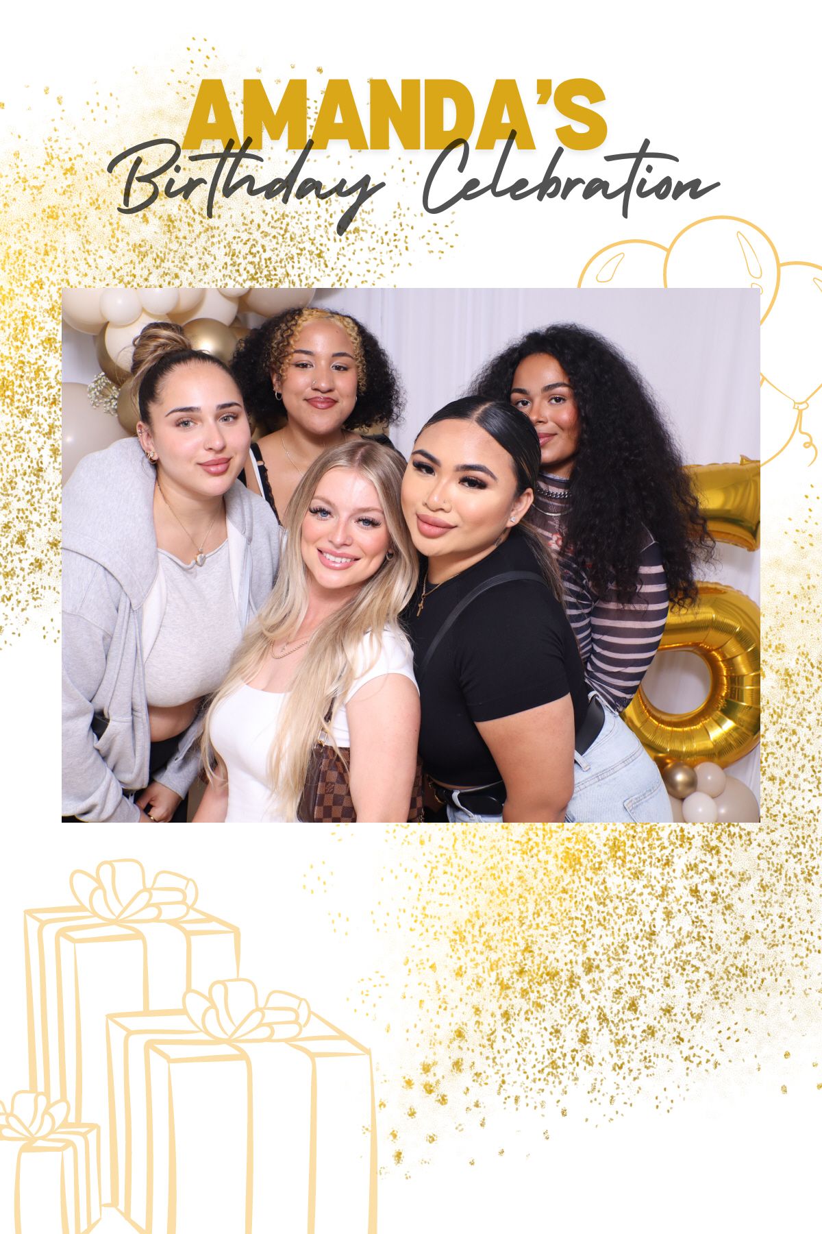 Birthday celebration photo booth frame design with gold glitter accents and gift box illustrations.