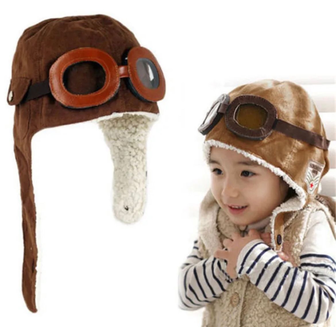 Vintage-style aviator hat and goggles on display against white background.