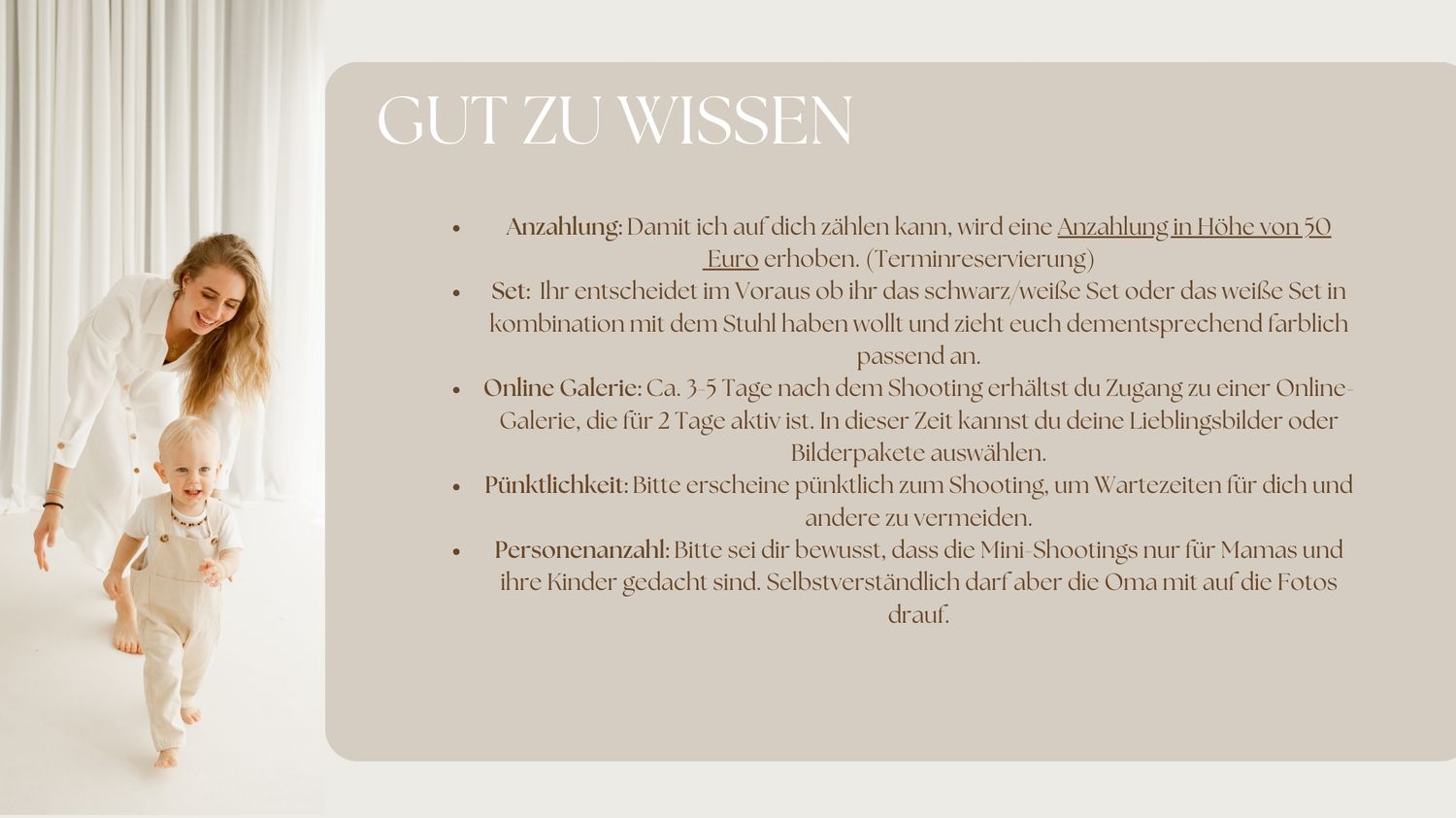 Light and airy photography information slide with text in German and soft white decor.