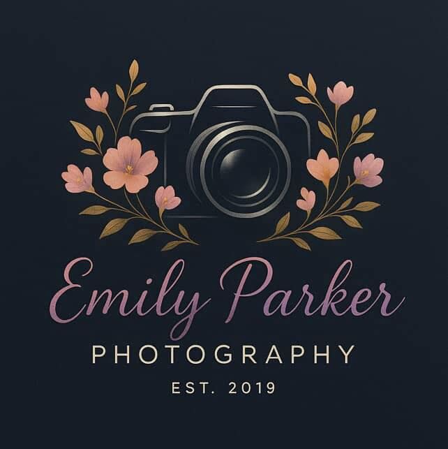 Elegant photography logo with camera icon and floral elements in pink and gold against dark background, established 2019.