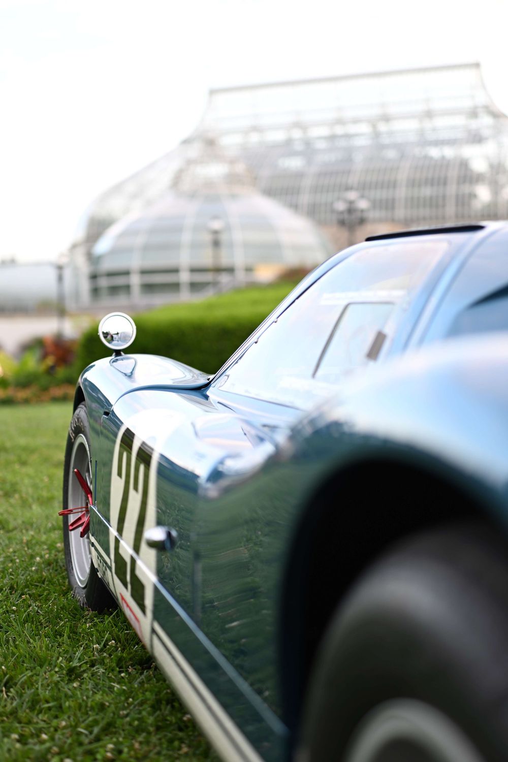 Blue ford GT40 parked on the front lawn of Pittsburgh's Phipps Conservatory.