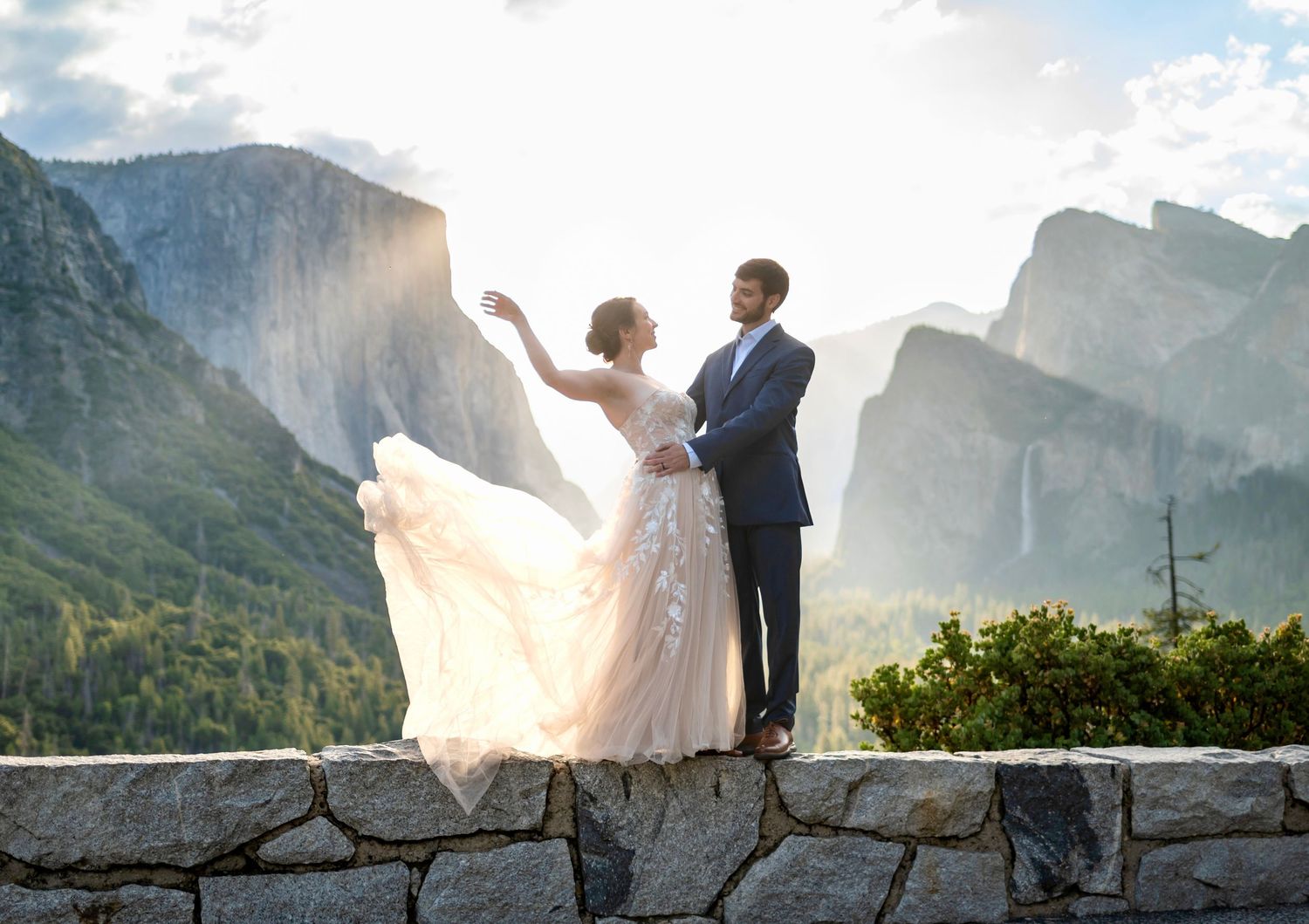 An editorial elopement couple in a dreamy, airy sunrise in Tunnelview, Yosemite