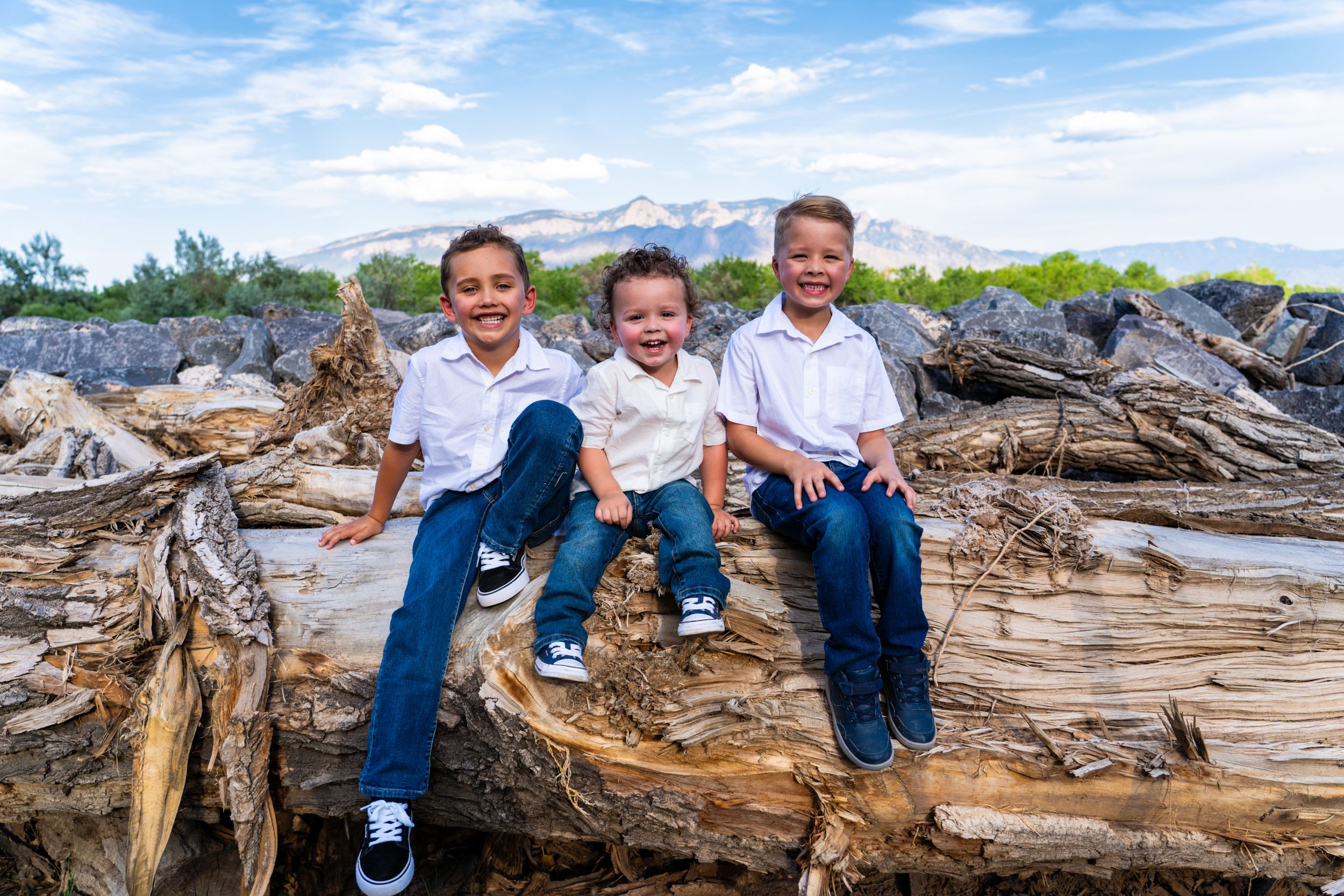 Three children in matching outfits sitting together on driftwood at the beach on a sunny day.