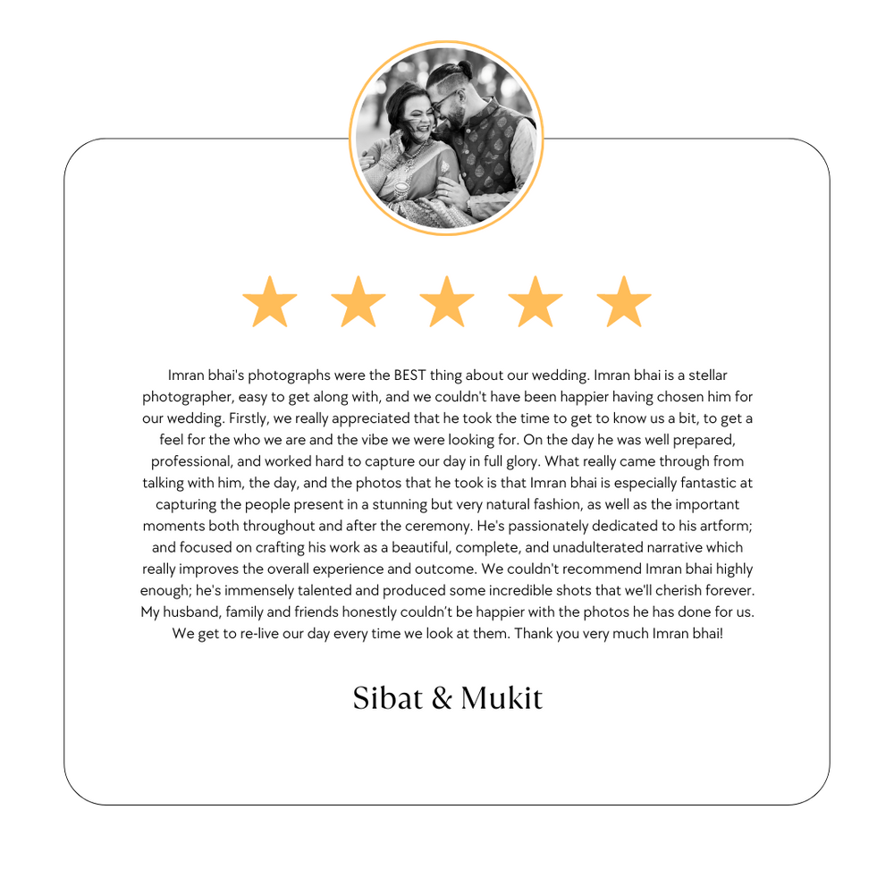 A wedding photography review card showing five stars and client testimonial.