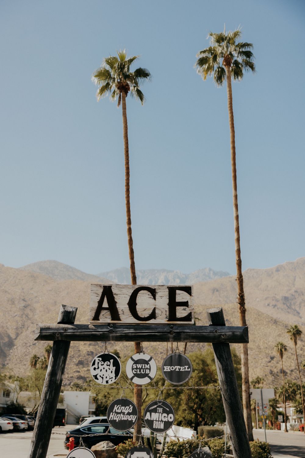 ACE hotel sign framed by two tall palm trees against a desert mountain backdrop.