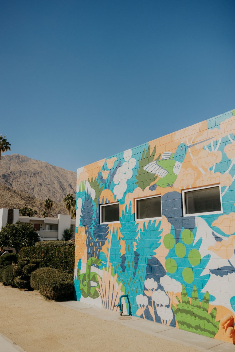 Colorful tropical mural featuring palm leaves and plants on a desert building wall.