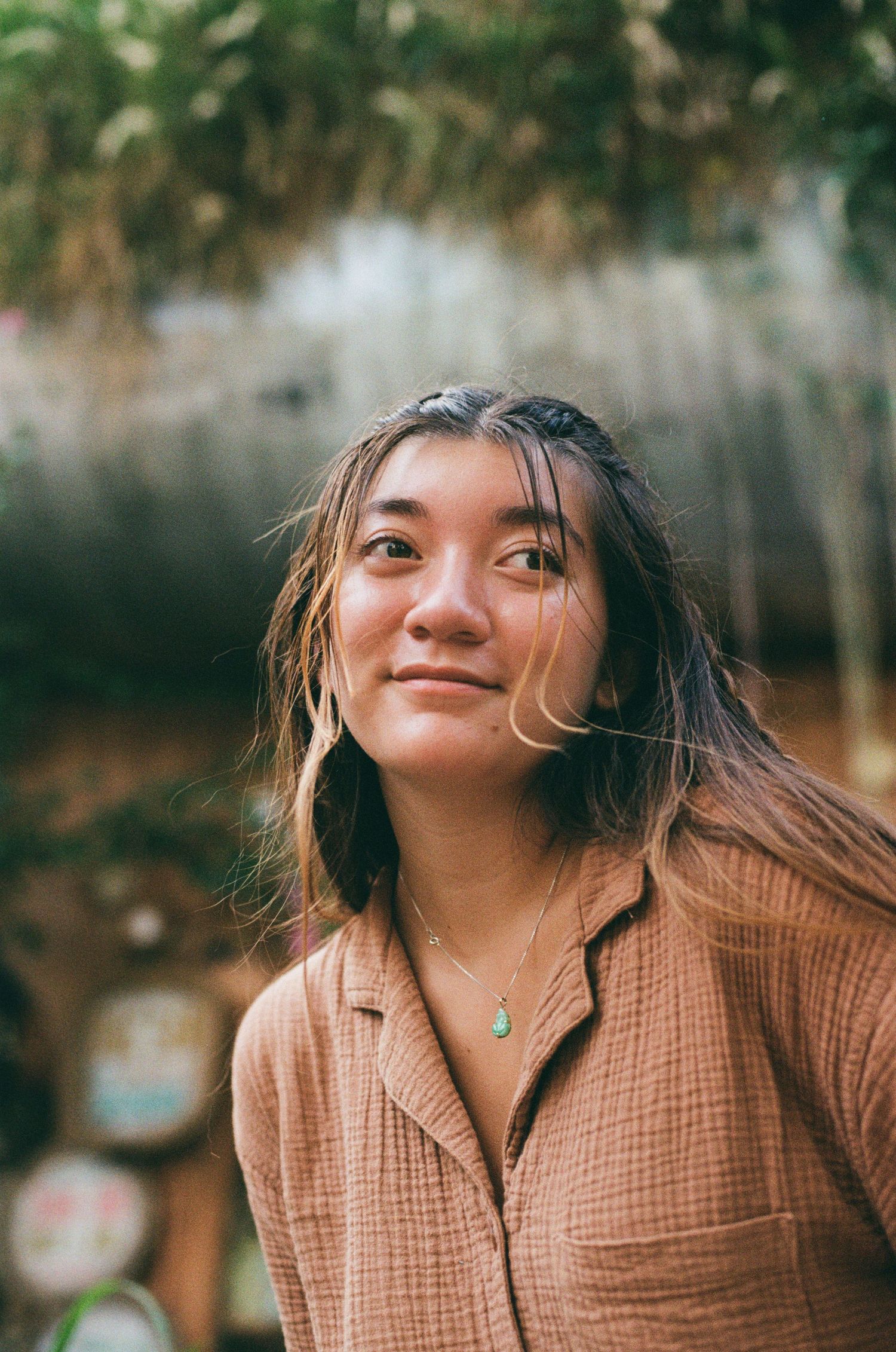 Portrait sequence of someone in a brown checkered shirt with windswept hair.