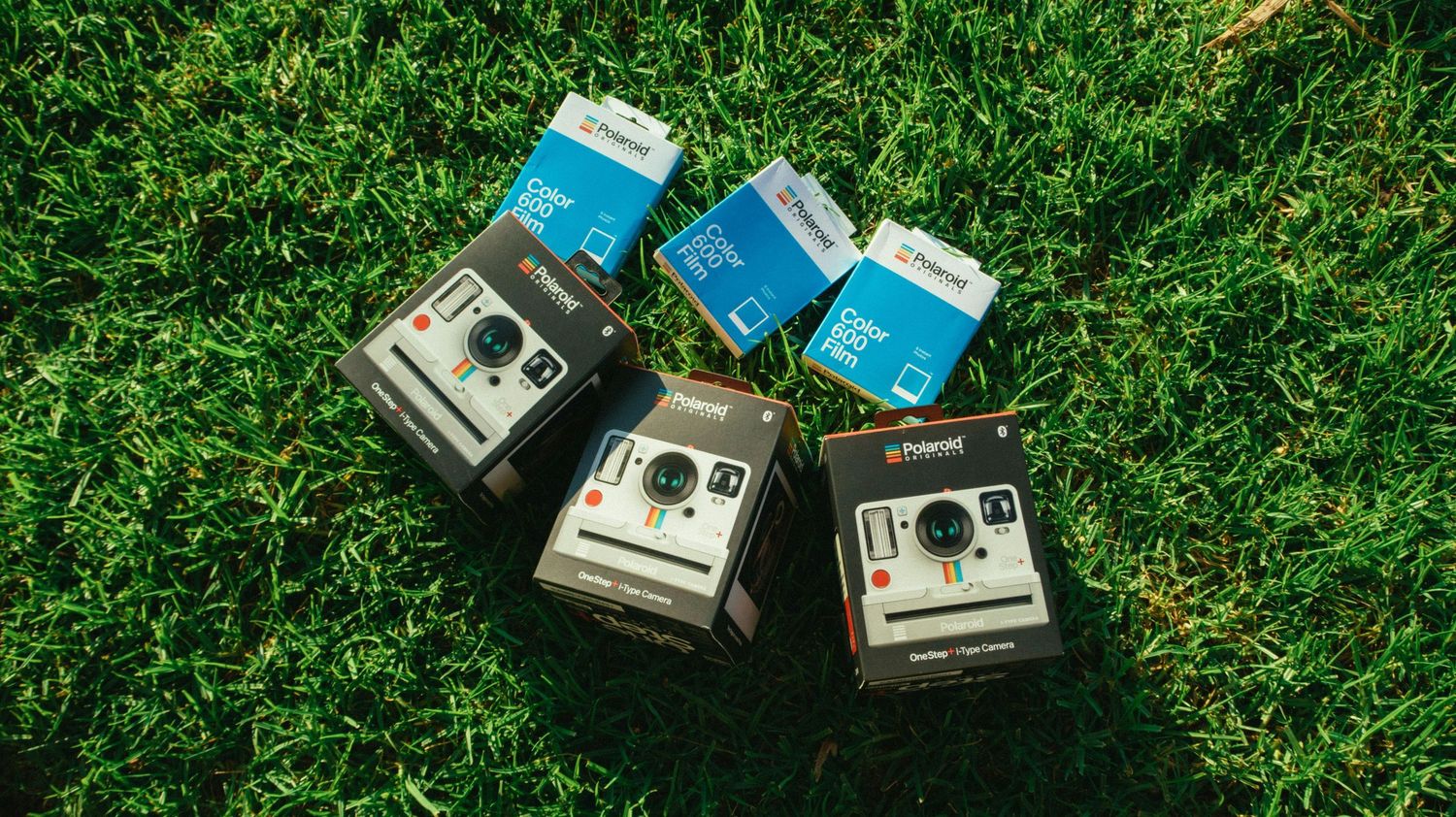 Old Polaroid instant cameras on green grass with blue film packs.